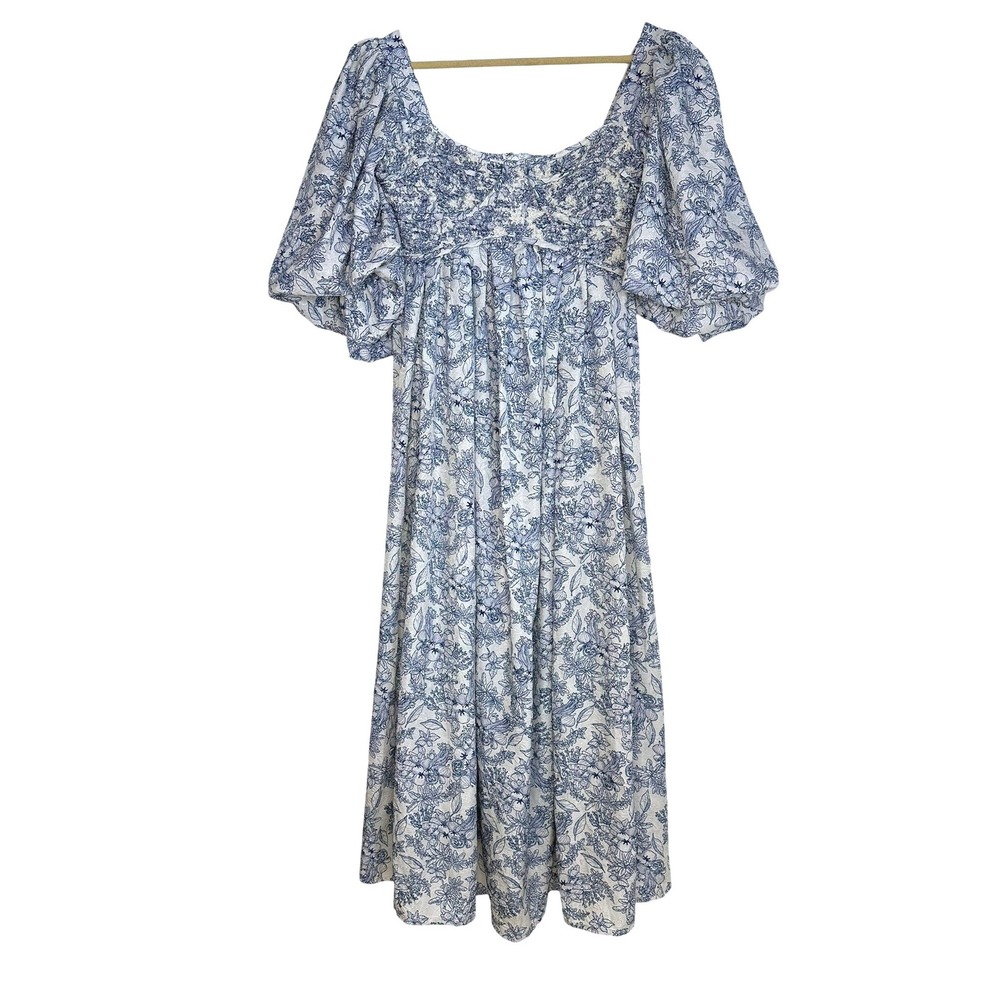 Zoco Gala Dress Women S Blue Floral Smocked Puff Toile Milkmaid cottagecore - Picture 2 of 10